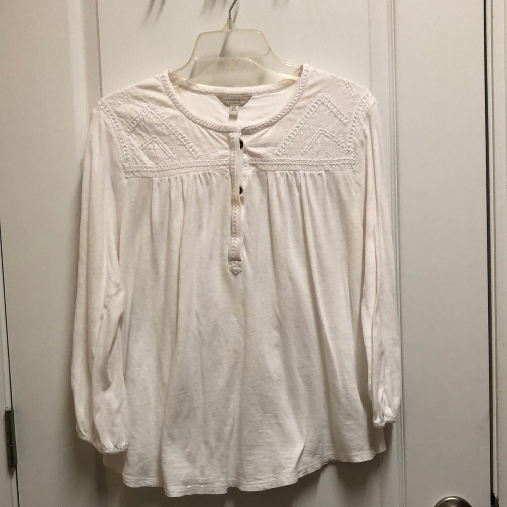 Lucky Brand White Tan 3/4 Sleeve Blouse